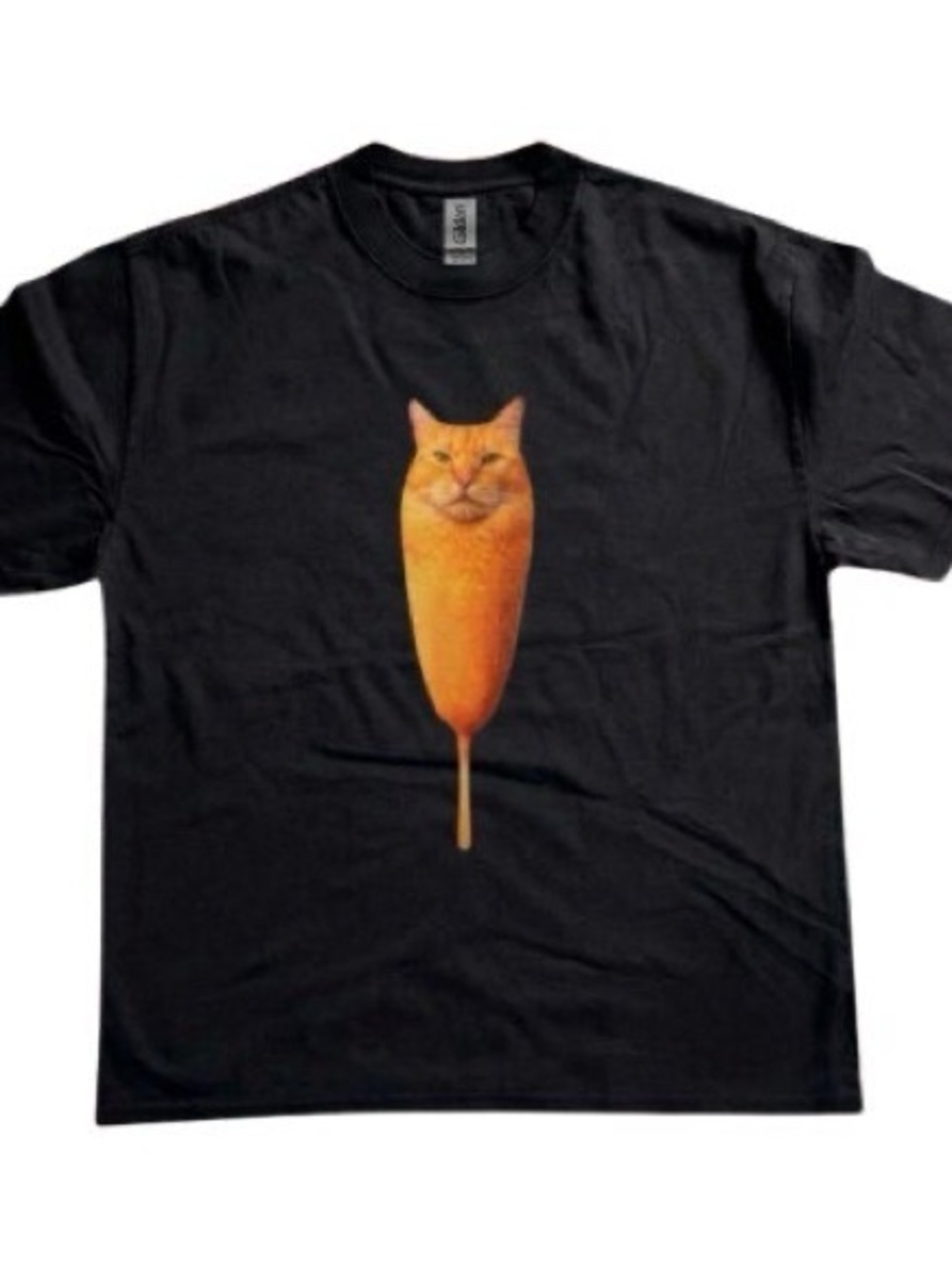 Black Tee with Orange Cat Corn Dog Graphic